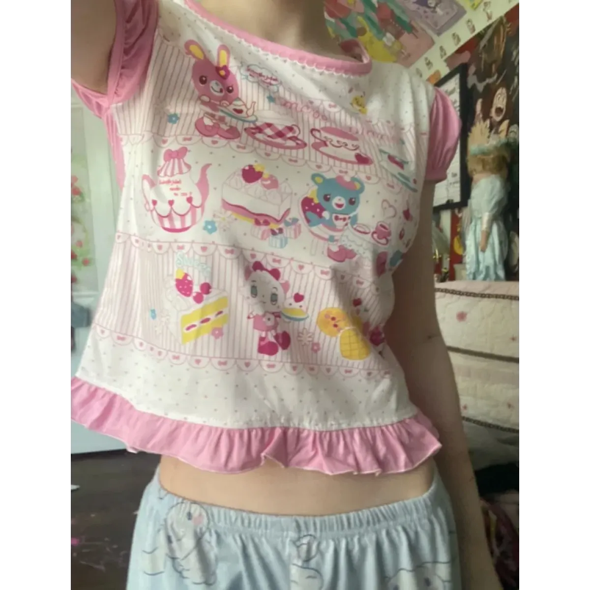 Harajuku Ruffle Cartoon Crop Tee - T-Shirts - Short - Round - Crop Tops - 2