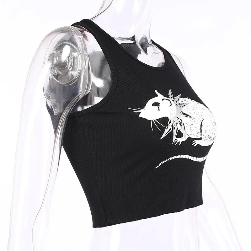 Mouse Print Black Tank: Goth Streetwear Bodycon - Crop Tops - Shirts & Tops - 7 - 2024