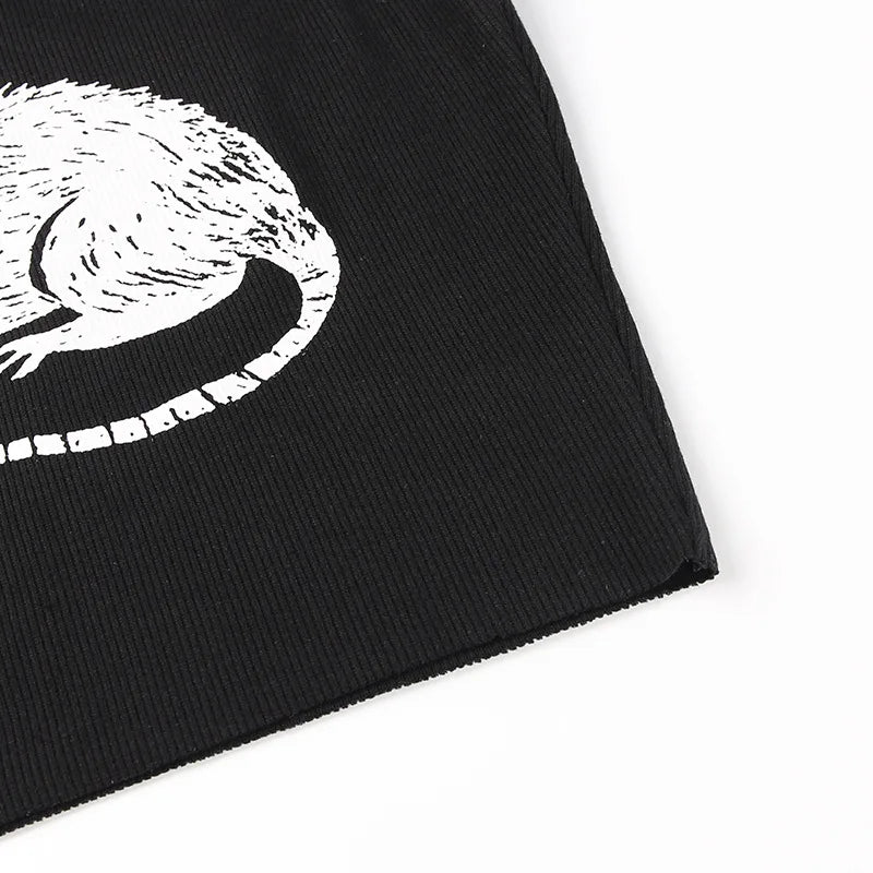 Mouse Print Black Tank: Goth Streetwear Bodycon - Crop Tops - Shirts & Tops - 12 - 2024