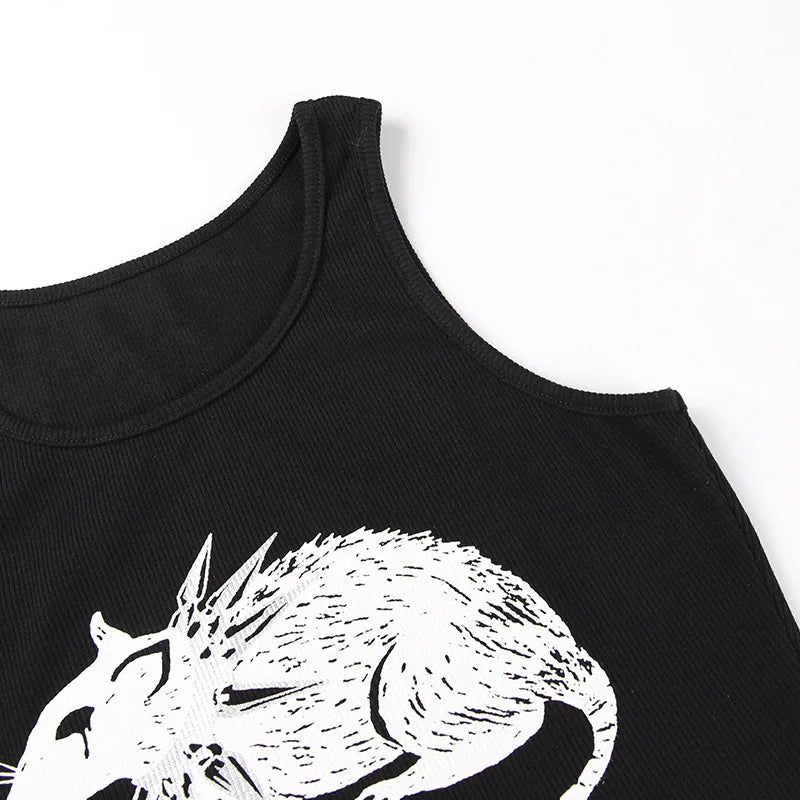 Mouse Print Black Tank: Goth Streetwear Bodycon - Crop Tops - Shirts & Tops - 10 - 2024