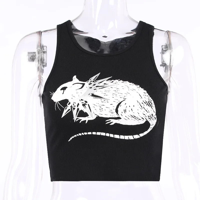 Mouse Print Black Tank: Goth Streetwear Bodycon - Crop Tops - Shirts & Tops - 6 - 2024
