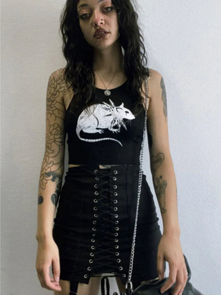 Mouse Print Black Tank: Goth Streetwear Bodycon - Black / M - Crop Tops - Shirts & Tops - 3 - 2024