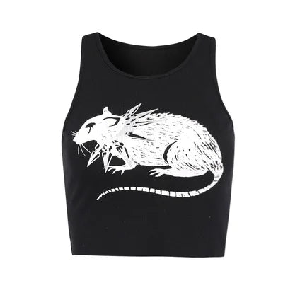 Mouse Print Black Tank: Goth Streetwear Bodycon - Crop Tops - Shirts & Tops - 13 - 2024