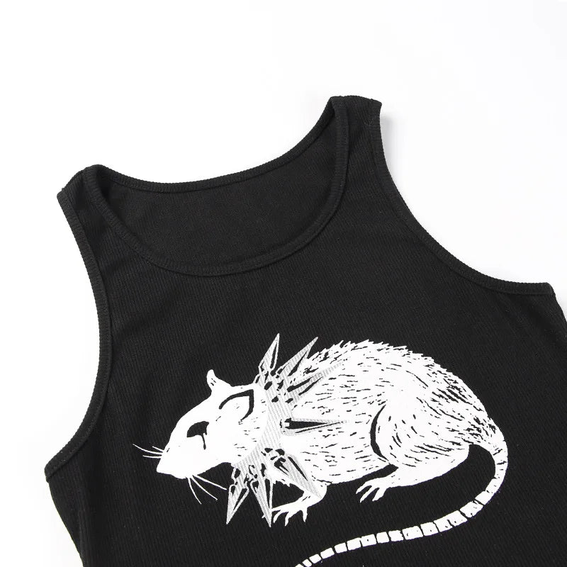 Mouse Print Black Tank: Goth Streetwear Bodycon - Crop Tops - Shirts & Tops - 9 - 2024