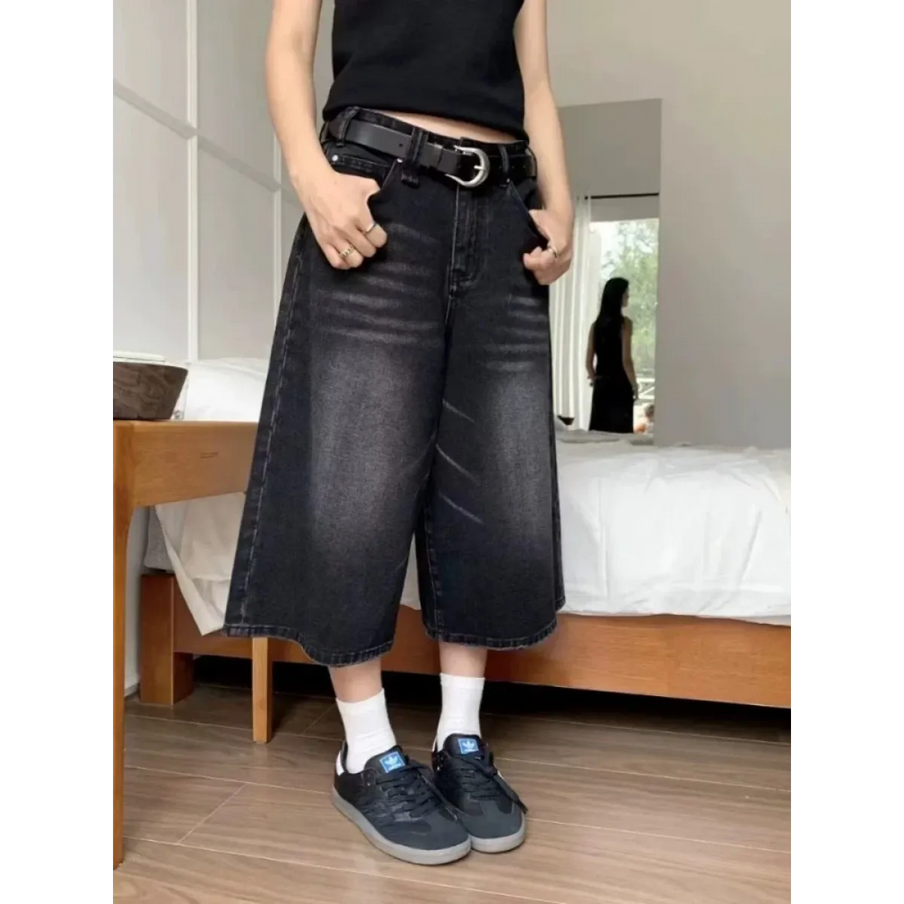 Vintage Y2K Black Wide-Leg Culotte Jeans - Bottoms - Jeans - 1