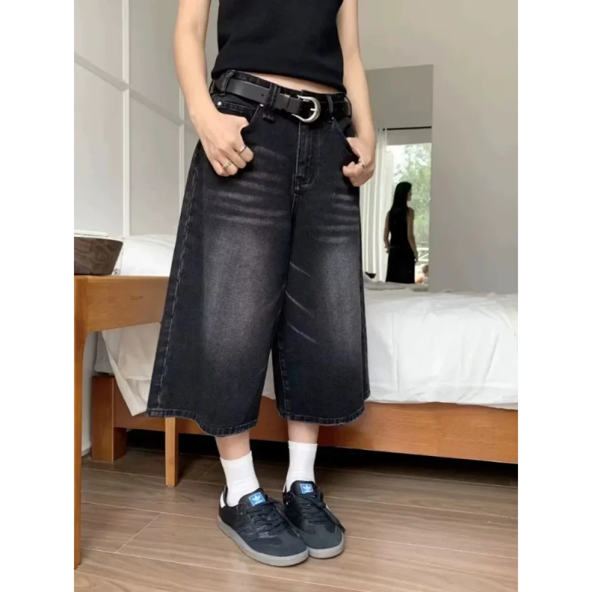 Vintage Y2K Black Wide-Leg Culotte Jeans - Bottoms - Jeans - 1