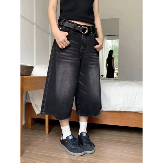 Vintage Y2K Black Wide-Leg Culotte Jeans - Bottoms - Jeans - 1