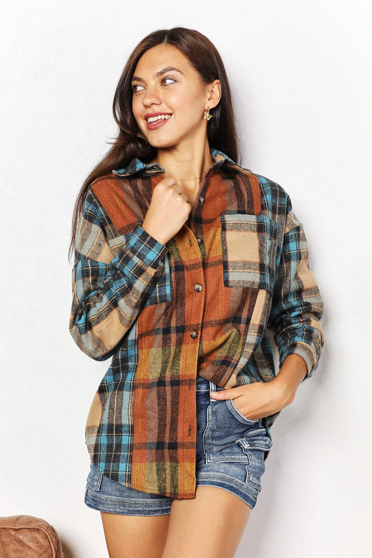 Plaid Curved Hem Shirt Jacket with Breast Pockets - Plaid / S - T-Shirts - Coats & Jackets - 1 - 2024