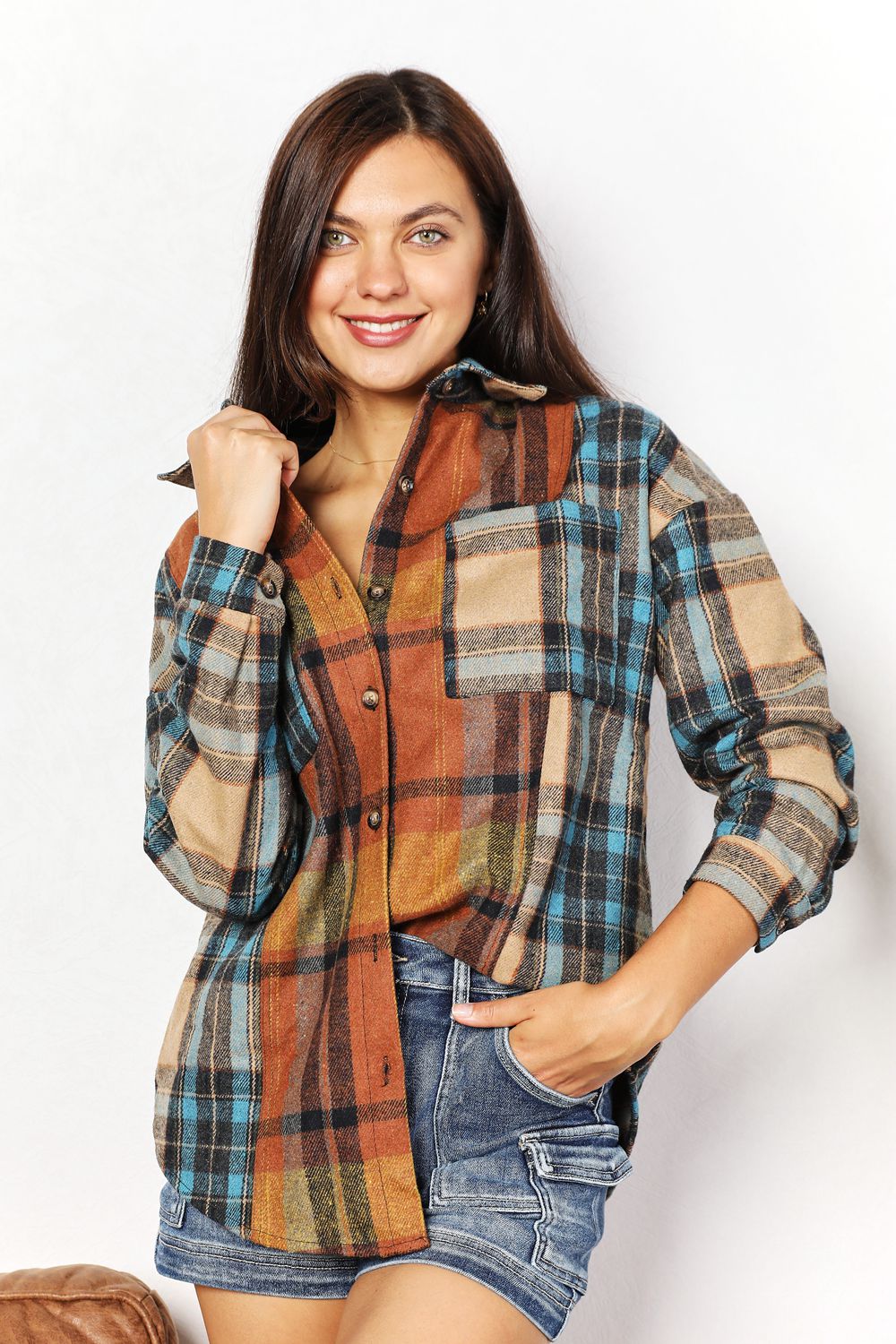 Plaid Curved Hem Shirt Jacket with Breast Pockets - T-Shirts - Coats & Jackets - 3 - 2024