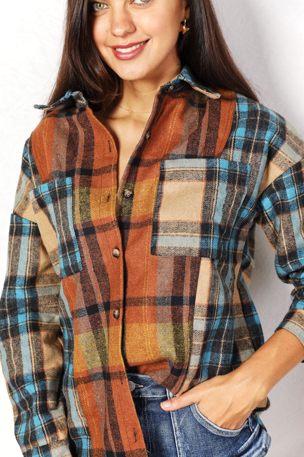 Plaid Curved Hem Shirt Jacket with Breast Pockets - T-Shirts - Coats & Jackets - 9 - 2024