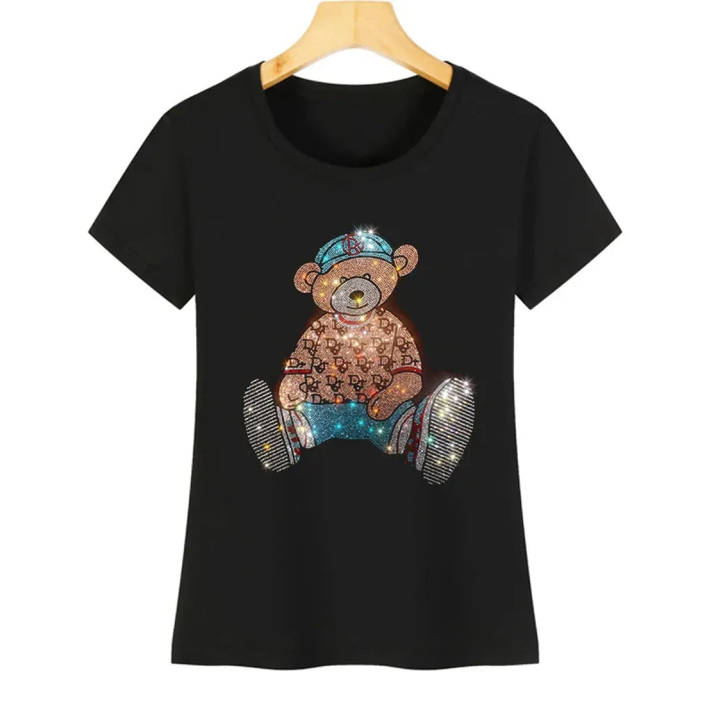 Cute Bear Cotton T-Shirt - Rhinestone Cartoon Top for Women - T-Shirts - 1