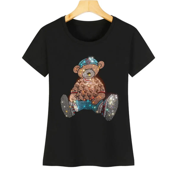 Cute Bear Cotton T-Shirt - Rhinestone Cartoon Top for Women - T-Shirts - 1