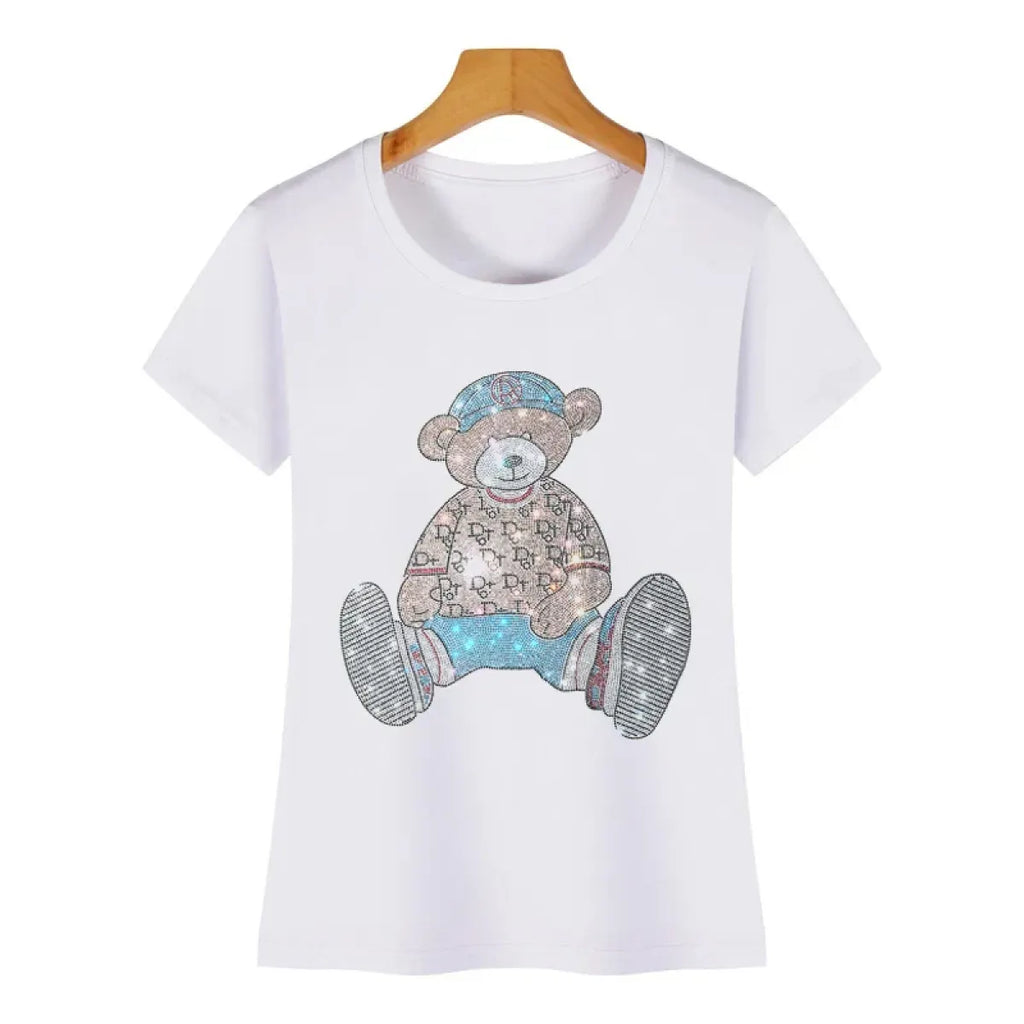 Cute Bear Cotton T-Shirt - Rhinestone Cartoon Top for Women - T-Shirts - 8