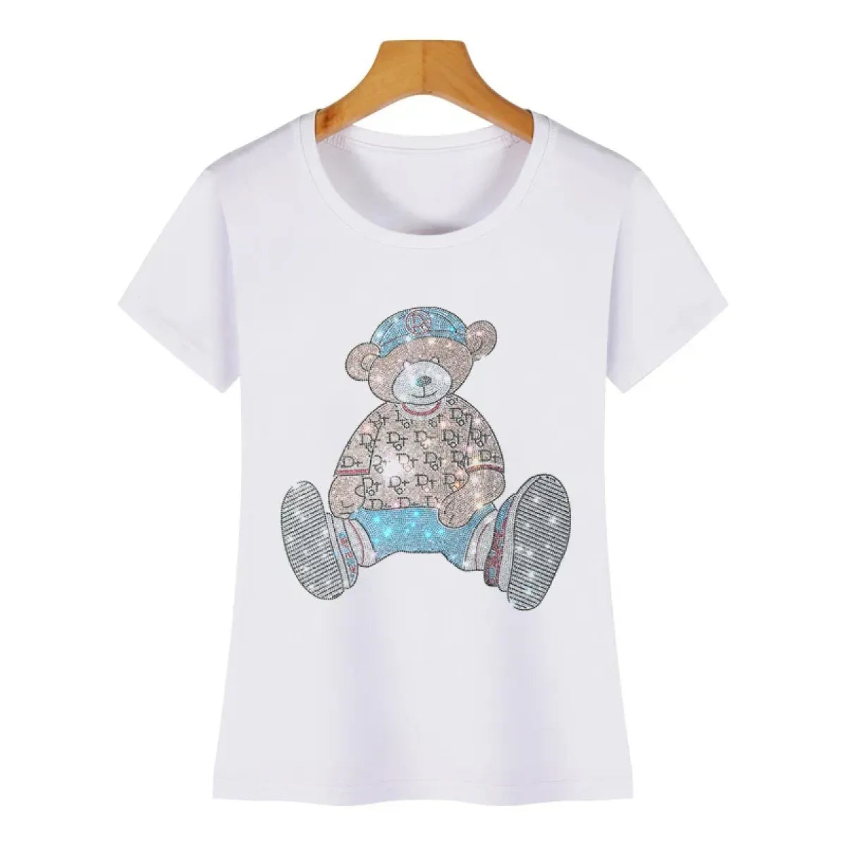 Cute Bear Cotton T-Shirt - Rhinestone Cartoon Top for Women - Best Sellers - 8