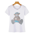 Cute Bear Cotton T-Shirt - Rhinestone Cartoon Top for Women - T-Shirts - 8