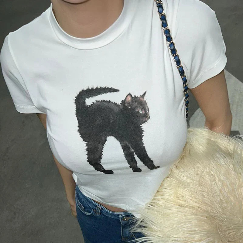 Cute Cat Crop Top - Casual Crewneck Slim Tee - T-Shirts - Shirts & Tops - 3 - 2024