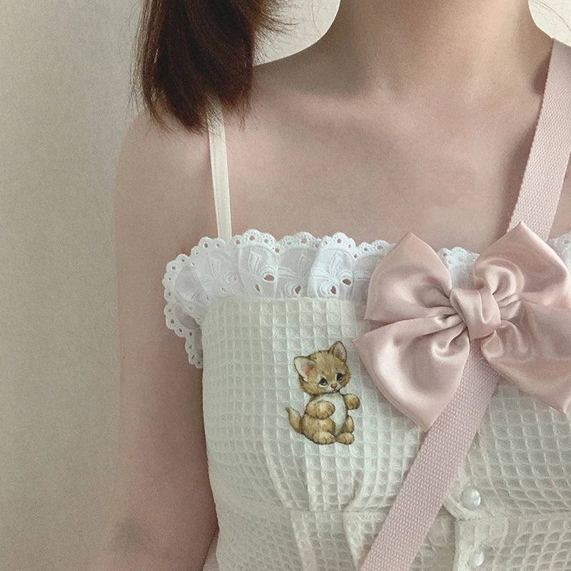 Cute Cat Lolita Tank Top – Sweet Lace Bow Kawaii Harajuku Camisole - Beige Crop Top / One Size - Camis & Tops