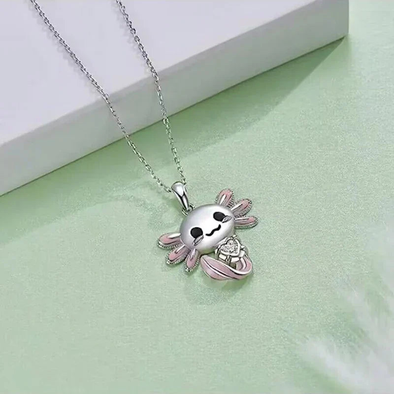 Cute Pink Axolotl Necklace - Enamel Pendant with Crystal Charm - Anime - Necklaces - 2024 - 4 - Worldwide Shipping