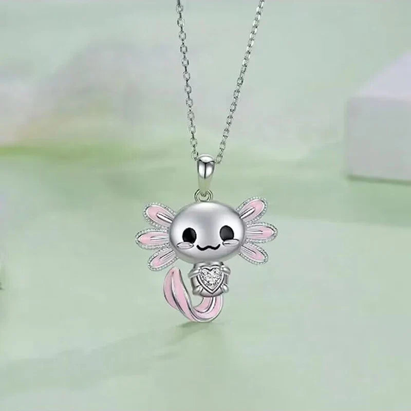 Cute Pink Axolotl Necklace - Enamel Pendant with Crystal Charm - Anime - Necklaces - 2024 - 3 - Worldwide Shipping