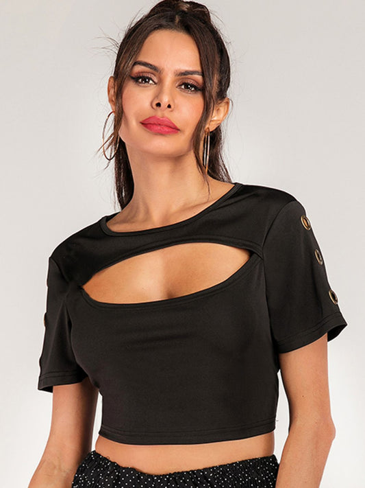 Cutout Grommet Detail Cropped Tee - Black / S - T-Shirts - Shirts & Tops - 3 - 2024