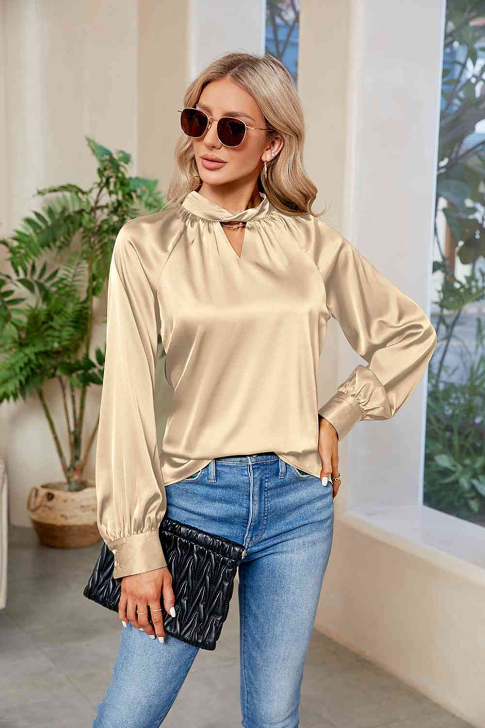 Cutout Mock Neck Long Sleeve Top - Tops & Tees - Shirts & Tops - 11 - 2024