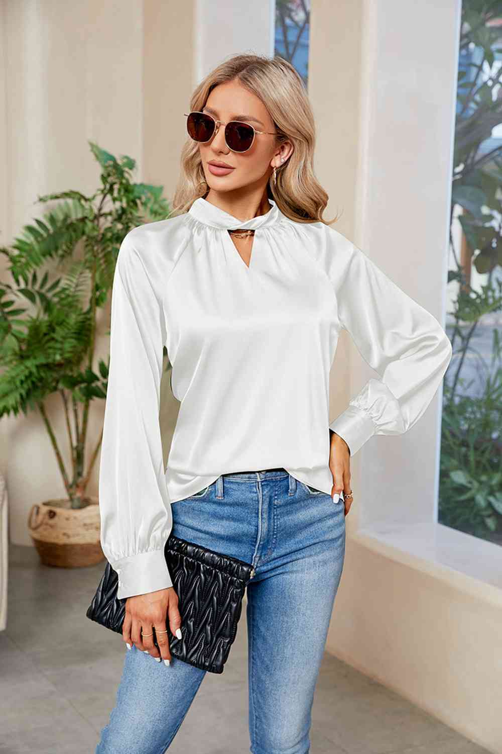 Cutout Mock Neck Long Sleeve Top - Tops & Tees - Shirts & Tops - 14 - 2024