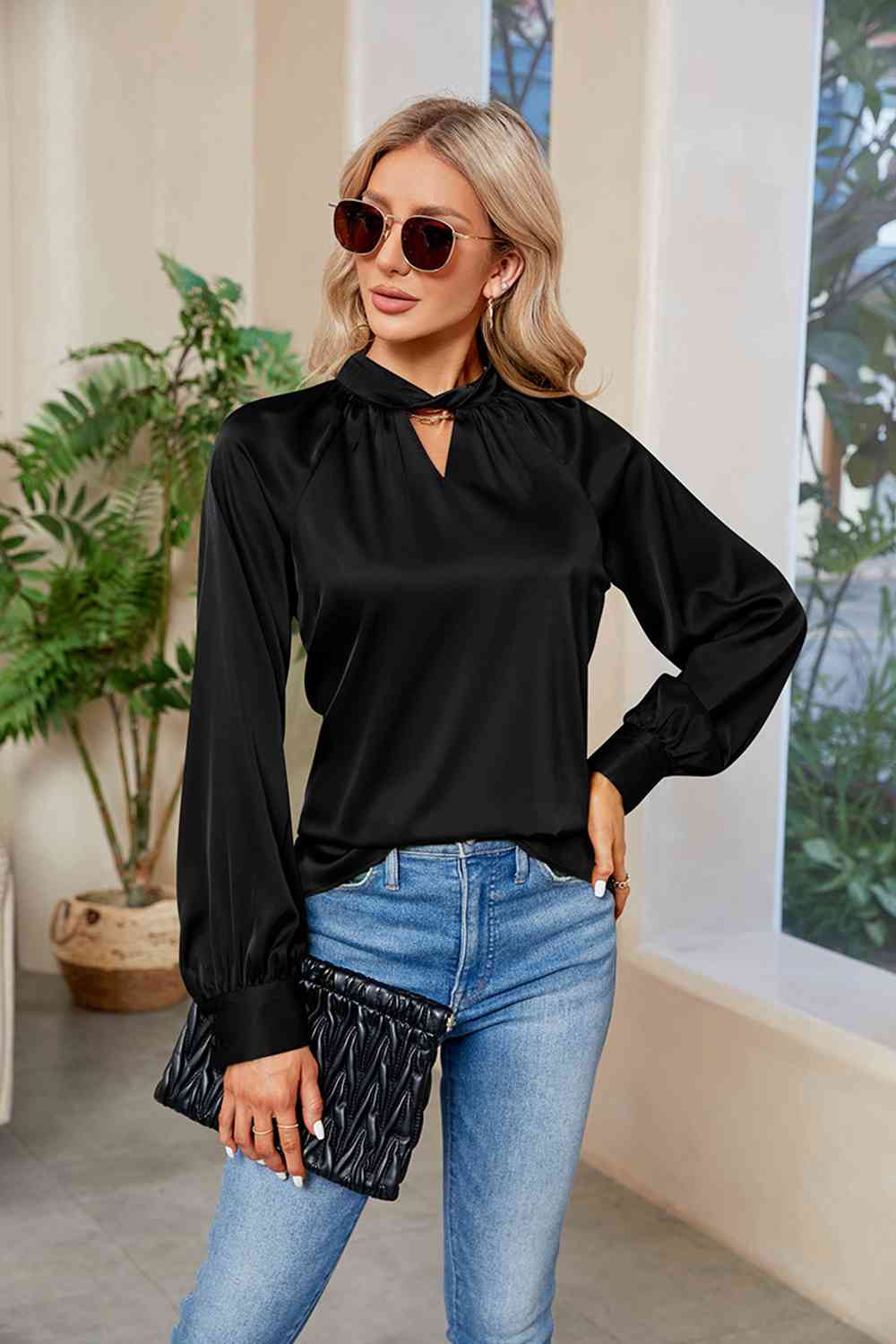 Cutout Mock Neck Long Sleeve Top - Tops & Tees - Shirts & Tops - 4 - 2024