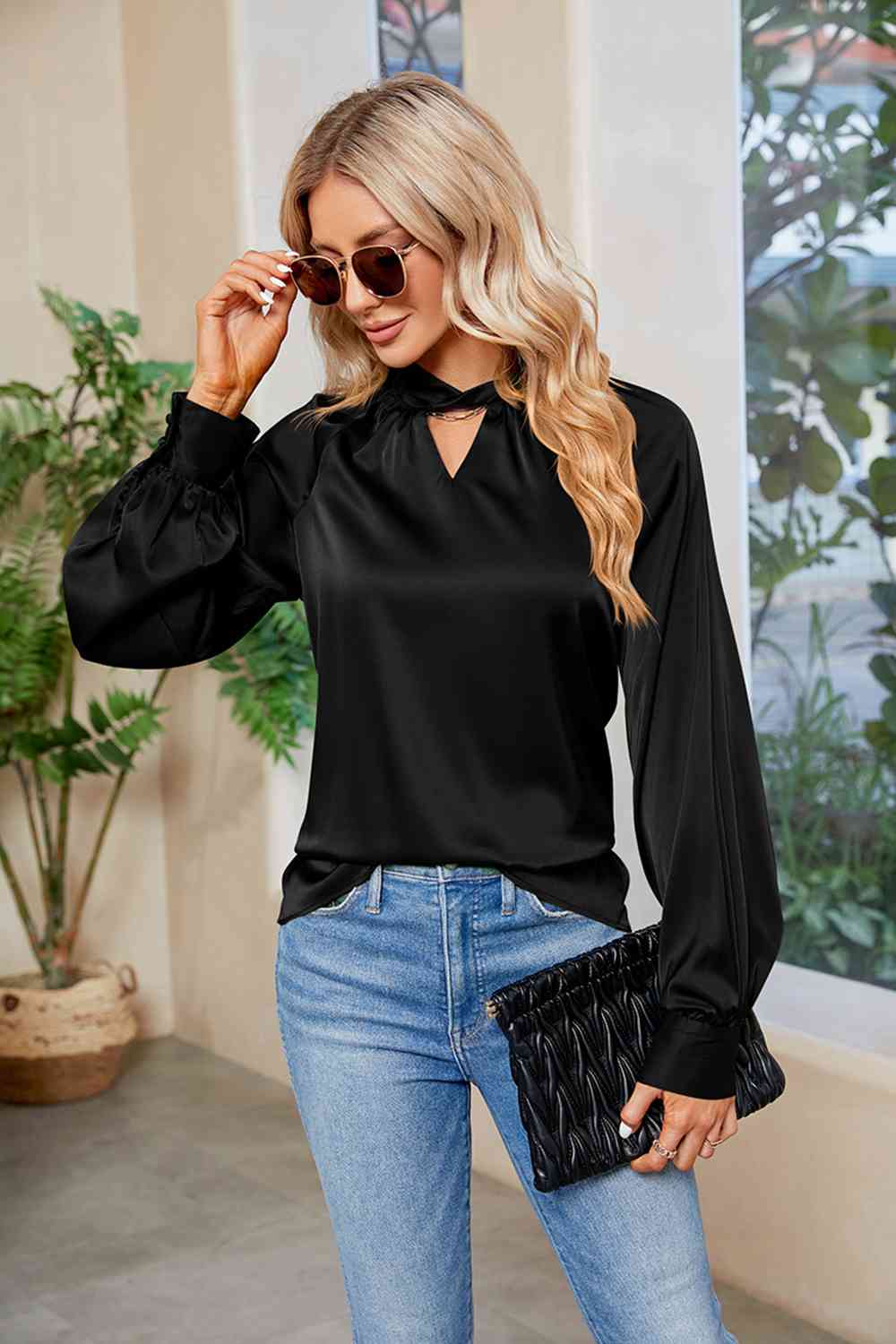 Cutout Mock Neck Long Sleeve Top - Tops & Tees - Shirts & Tops - 5 - 2024