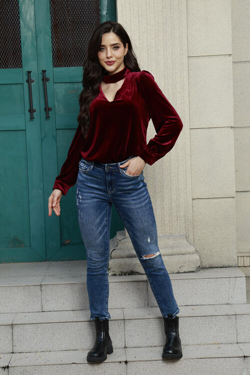 Cutout Puff Sleeve Velvet Blouse - Women’s Clothing & Accessories - Shirts & Tops - 3 - 2024