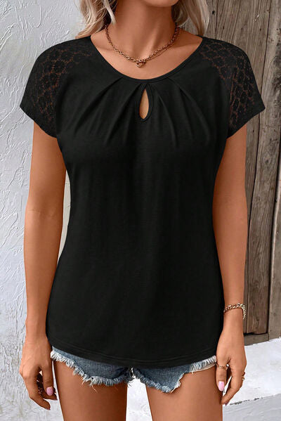 Cutout Round Neck Lace Short Sleeve T-Shirt - T-Shirts - Shirts & Tops - 3 - 2024