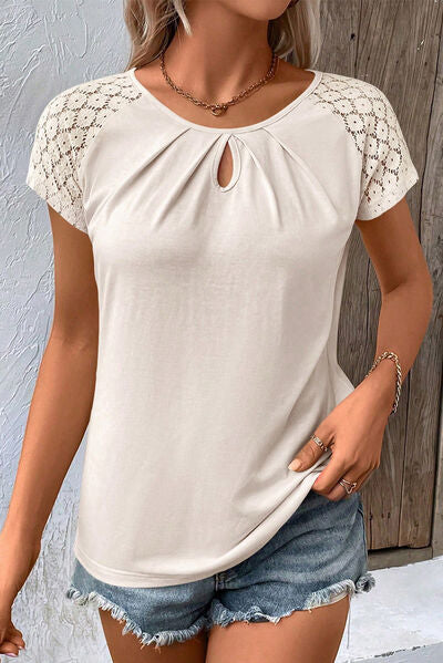 Cutout Round Neck Lace Short Sleeve T-Shirt - T-Shirts - Shirts & Tops - 6 - 2024