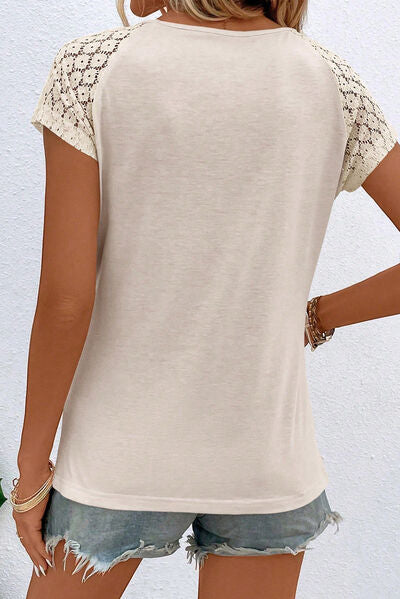 Cutout Round Neck Lace Short Sleeve T-Shirt - T-Shirts - Shirts & Tops - 9 - 2024