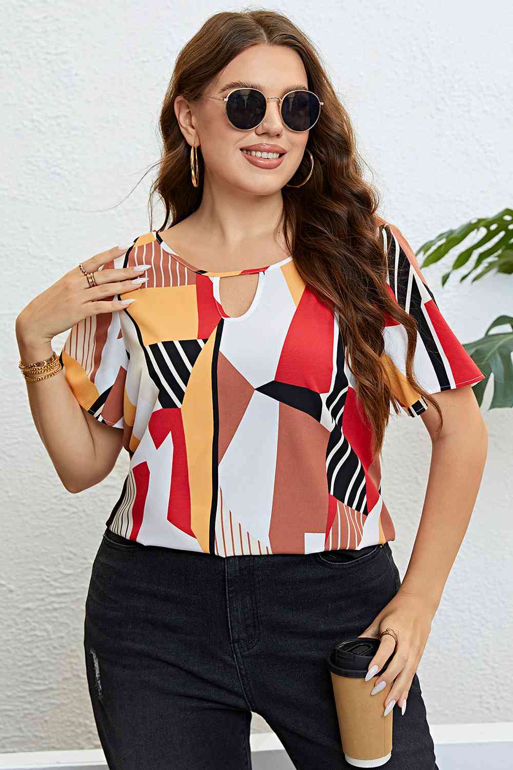 Plus Size Cutout Short Sleeve Blouse - Multicolor / 1XL - Women’s Clothing & Accessories - Shirts & Tops - 1 - 2024