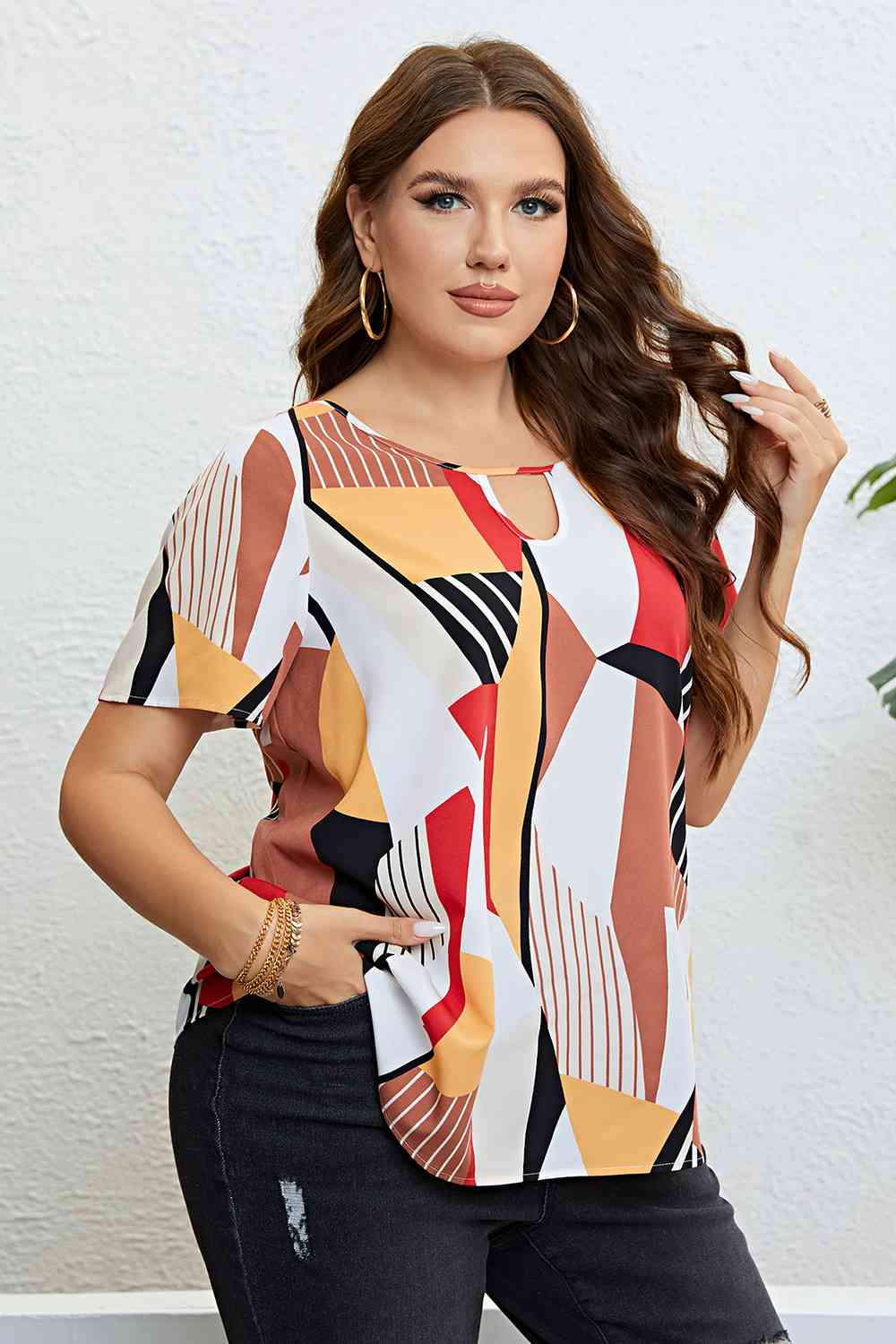 Plus Size Cutout Short Sleeve Blouse - Women’s Clothing & Accessories - Shirts & Tops - 3 - 2024