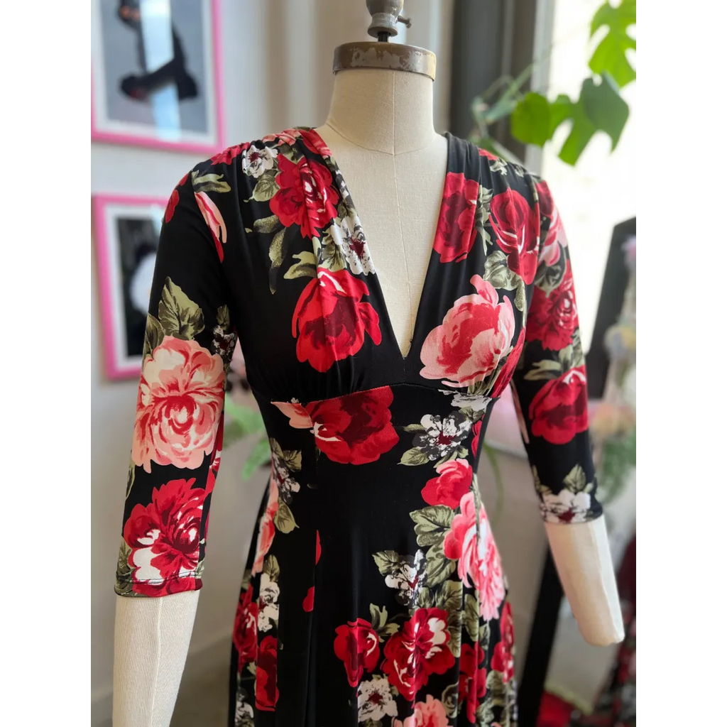 Raquel Red Rose Maxi Dress with 3/4 Sleeves - All Dresses - Maxi Dress - 3