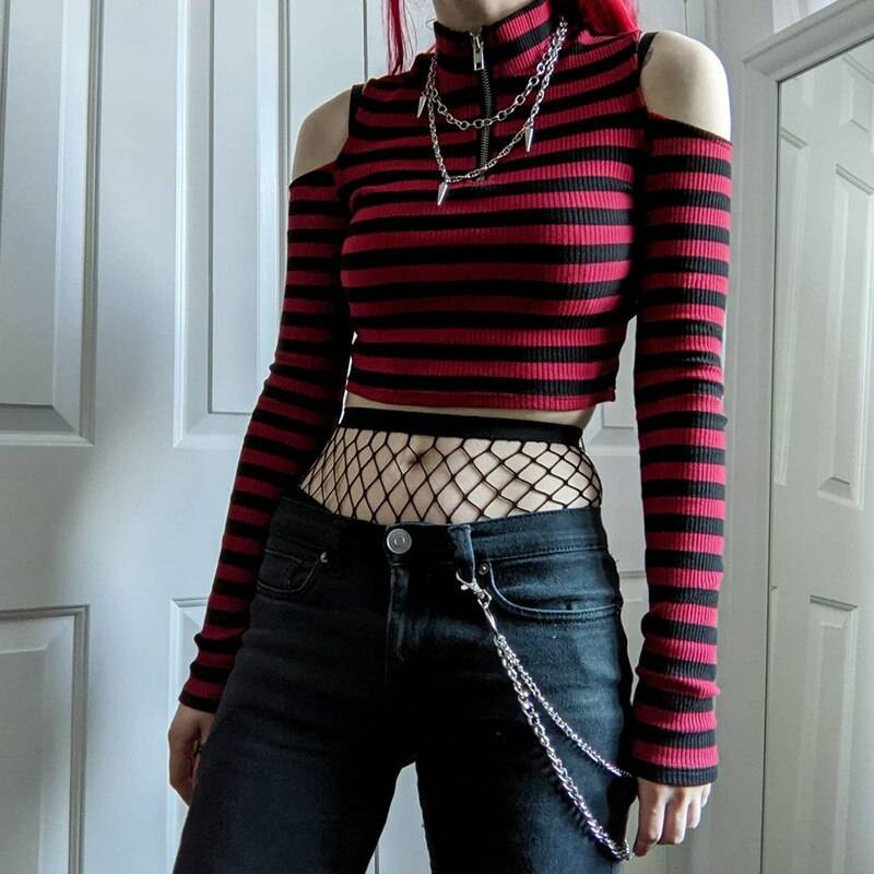 Dark Grunge Striped Crop Top - T-Shirts - Clothing Tops - 13 - 2024