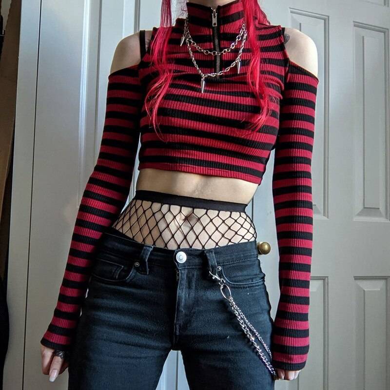 Dark Grunge Striped Crop Top - T-Shirts - Clothing Tops - 14 - 2024