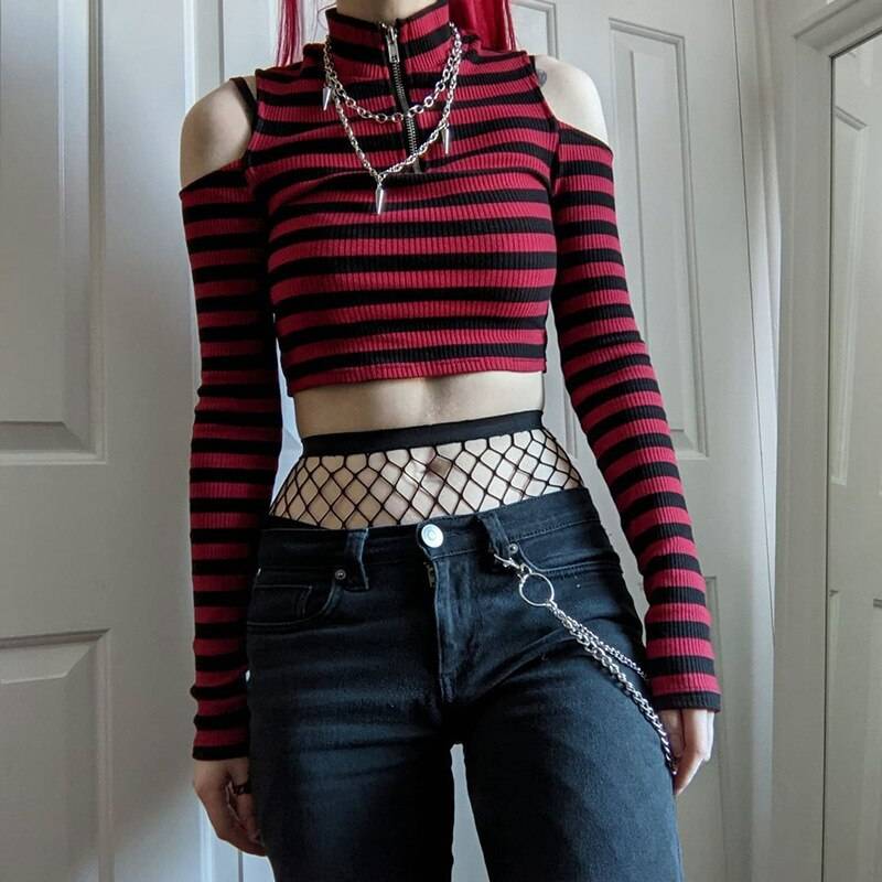 Dark Grunge Striped Crop Top - T-Shirts - Clothing Tops - 15 - 2024