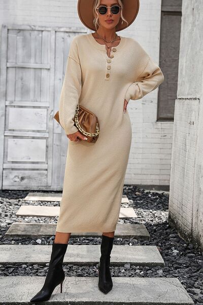 Decorative Button Notched Dropped Shoulder Sweater Dress - All Dresses - Dresses - 3 - 2024