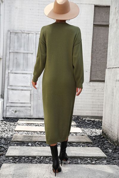 Decorative Button Notched Dropped Shoulder Sweater Dress - All Dresses - Dresses - 21 - 2024