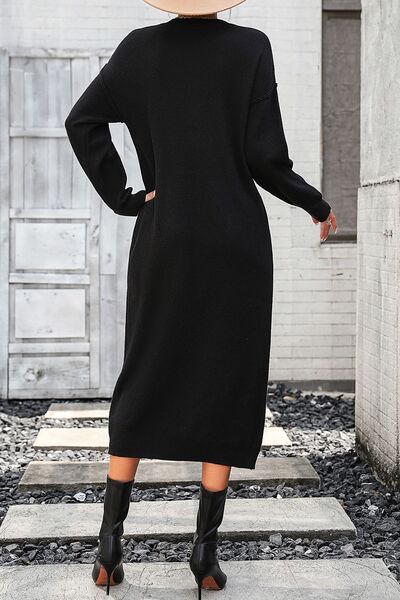 Decorative Button Notched Dropped Shoulder Sweater Dress - All Dresses - Dresses - 10 - 2024