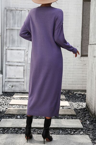 Decorative Button Notched Dropped Shoulder Sweater Dress - All Dresses - Dresses - 25 - 2024