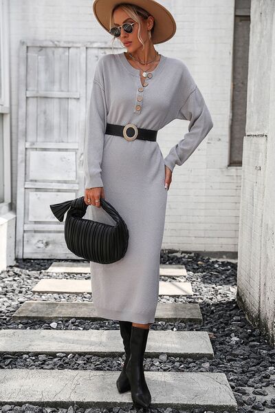 Decorative Button Notched Dropped Shoulder Sweater Dress - All Dresses - Dresses - 14 - 2024