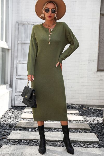 Decorative Button Notched Dropped Shoulder Sweater Dress - All Dresses - Dresses - 22 - 2024