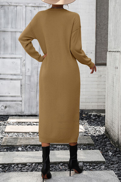 Decorative Button Notched Dropped Shoulder Sweater Dress - All Dresses - Dresses - 19 - 2024