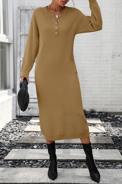 Decorative Button Notched Dropped Shoulder Sweater Dress - All Dresses - Dresses - 18 - 2024