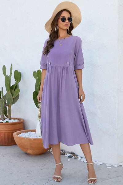 Decorative Button Round Neck Half Sleeve Dress - All Dresses - Dresses - 3 - 2024