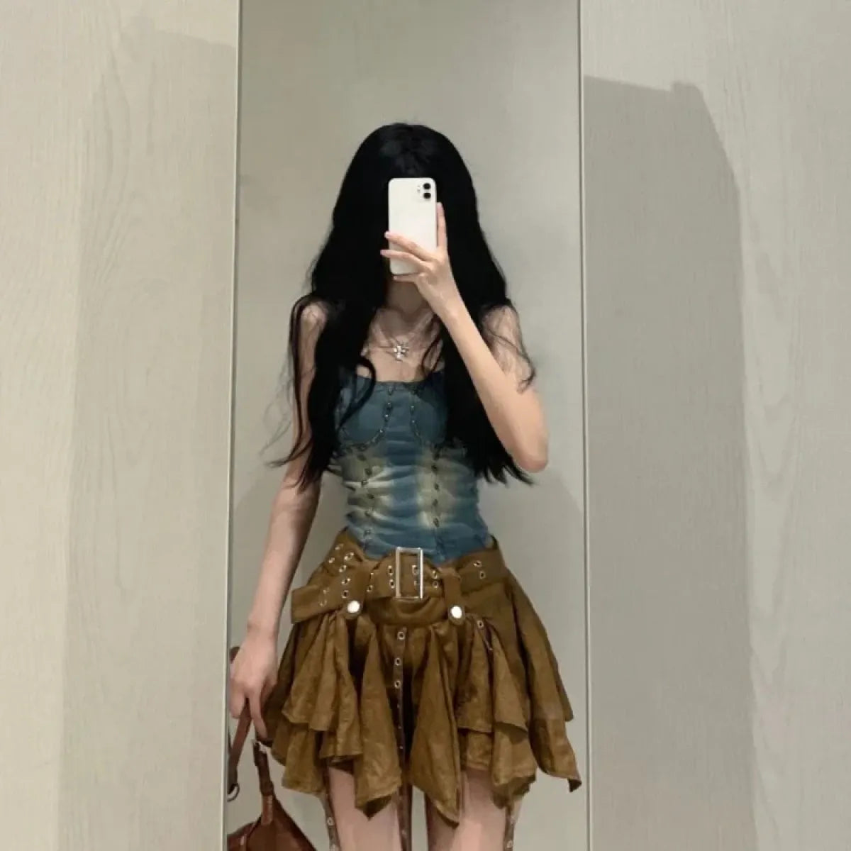 Denim Corset Cami & Ruched Belted Skirt Set - Bottoms - Sets / Co-ords - 2