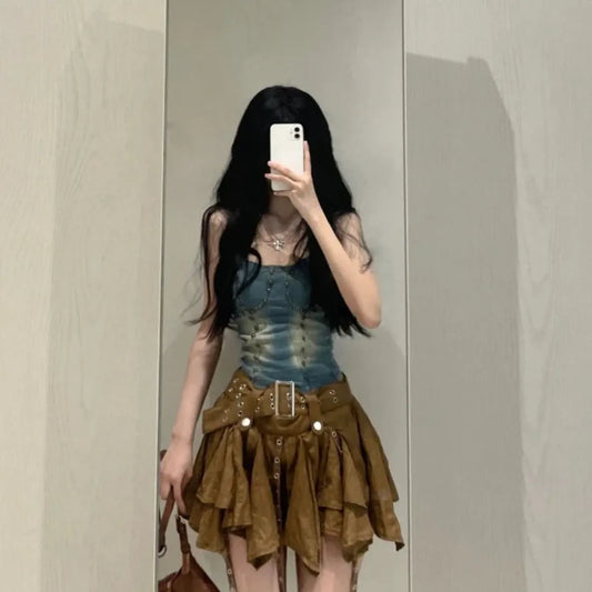 Denim Corset Cami & Ruched Belted Skirt Set - Bottoms - Sets / Co-ords - 2