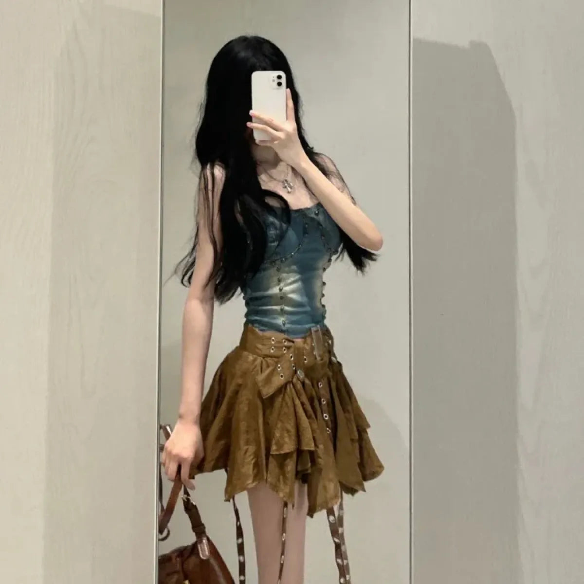 Denim Corset Cami & Ruched Belted Skirt Set - Bottoms - Sets / Co-ords - 3